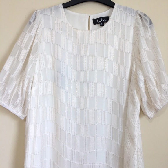 Lulus Check Up On It White and Gold Short Sleeve Mini Shift Dress - Picture 5 of 16